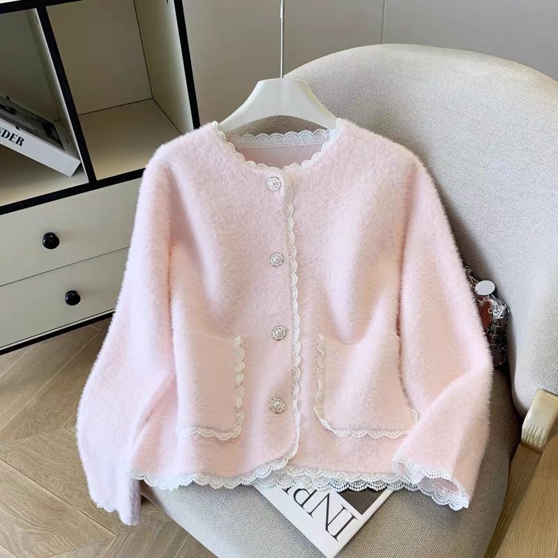 Imitation Mink Velvet Short Jacket for Women, Autumn/Winter 2026 New Style, Loose Round Neck, Petite Knitted Cardigan Top