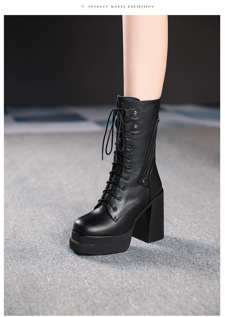 Boot nữ cổ trung dây buộc đế platform gót cao 12 cm — Lót lông đen chi tiết 5