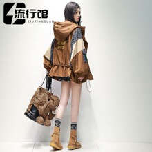 欧洲站连帽潮牌外套女秋装新款宽松时尚宽松显瘦中长款风衣