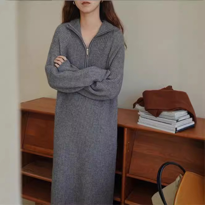 秋冬新款韩版过膝中长款翻领宽松慵懒风毛衣女针织打底连衣裙|undefined