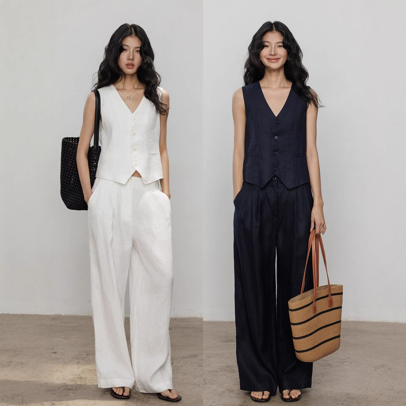 Summer 100% Linen Vest and Casual Pants Set for Women 2026 Old Money Style Commuter Two-Piece Set Straight-Leg Pants Wide-Leg Pants