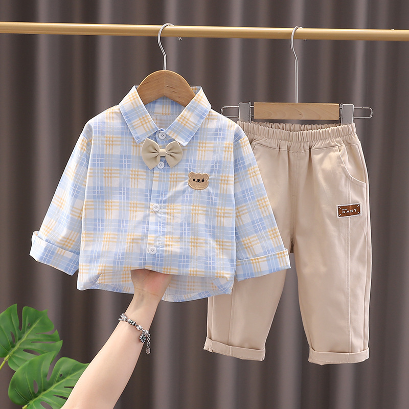 Boys' Autumn Outfit 2025 New Stylish Children's Bow Tie Bear Shirt Long-Sleeve Two-Piece Set Spring and Autumn Clothes Trendy Boys' Autumn Outfit 2025 New Stylish Children's Bow Tie Bear Shirt Long-Sleeve Two-Piece Set Spring and Autumn Clothes Trendy