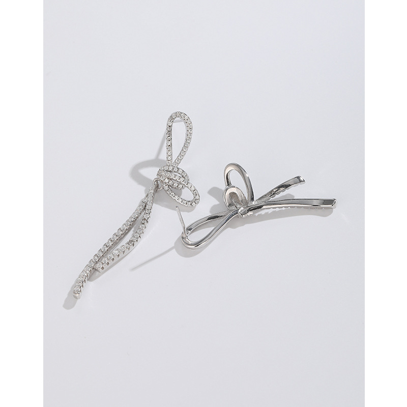 925 plata esterlina completo diamante arco borla pendientes femeninos de alto grado pendientes de nicho diseño asimétrico largo pendientes