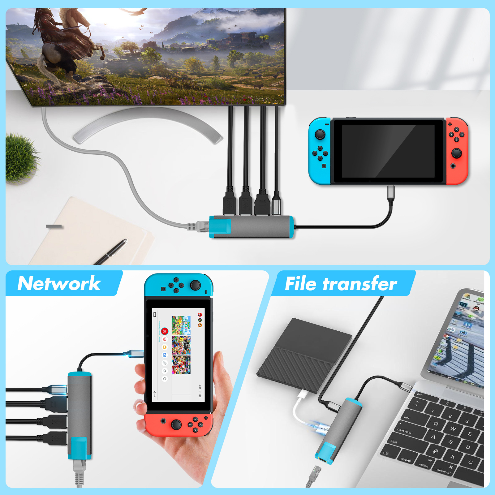 Switch2 Host Video Converter Gigabit Dock USB HUB Tablet PC de escritorio Teléfono