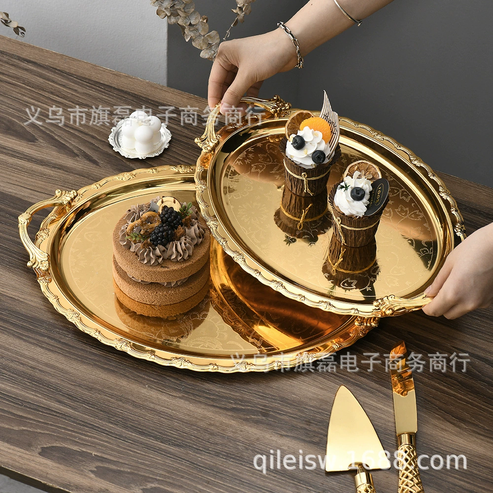 Золотистый кованый поднос для фруктов, закусок, демонстрации тортов, декоративный поднос, подставка для чайных чашек, органайзер для украшений, обеденная тарелка