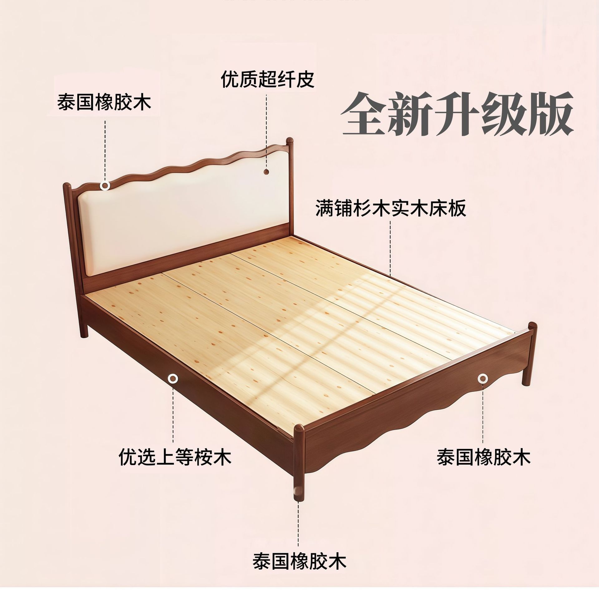 Full Bed Board Nordic Style Solid Wood Soft Bed Night Light Modern Simple Air Pressure Storage Master Bedroom Design 1.5m Bed