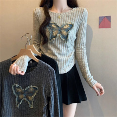 ホットガールスリムバタフライパッチショルダー長袖Tシャツレディース秋冬デザインスリムインナーレイヤリングシャツトップトレンディ