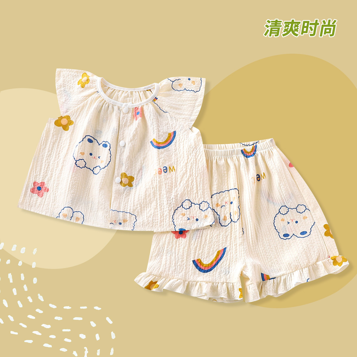 Girls' new pajamas summer thin short sleeve suit children's little girl foreign style baby cute home clothes wholesale