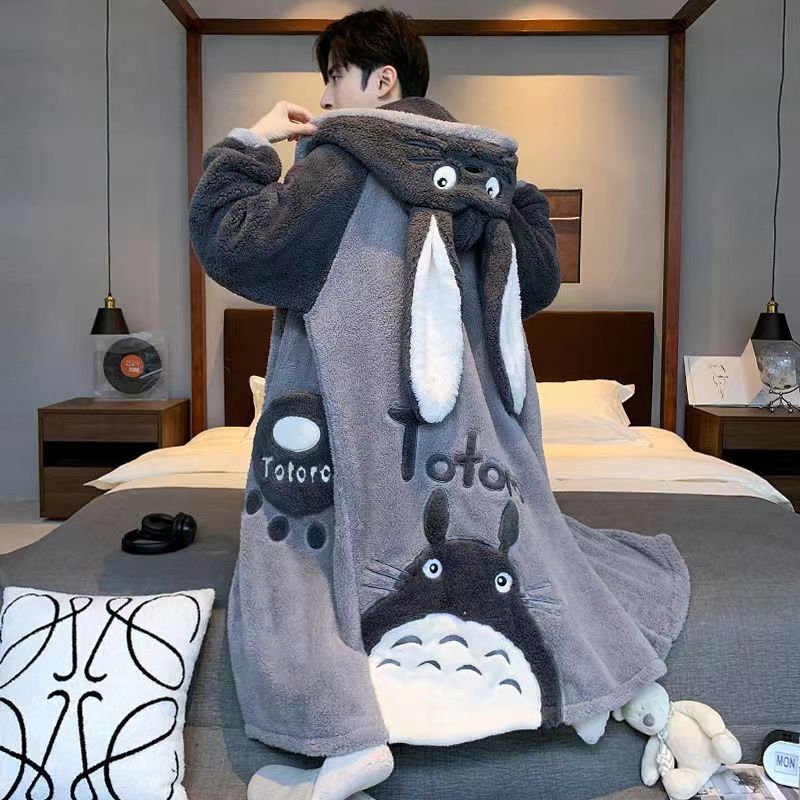 Totoro Pajamas for Men, Winter Coral Velvet Thickeneded Pajamas for Women, Sweet Cartoon Cute Warm Bathrobes with Hoods That Can Be Worn Outside