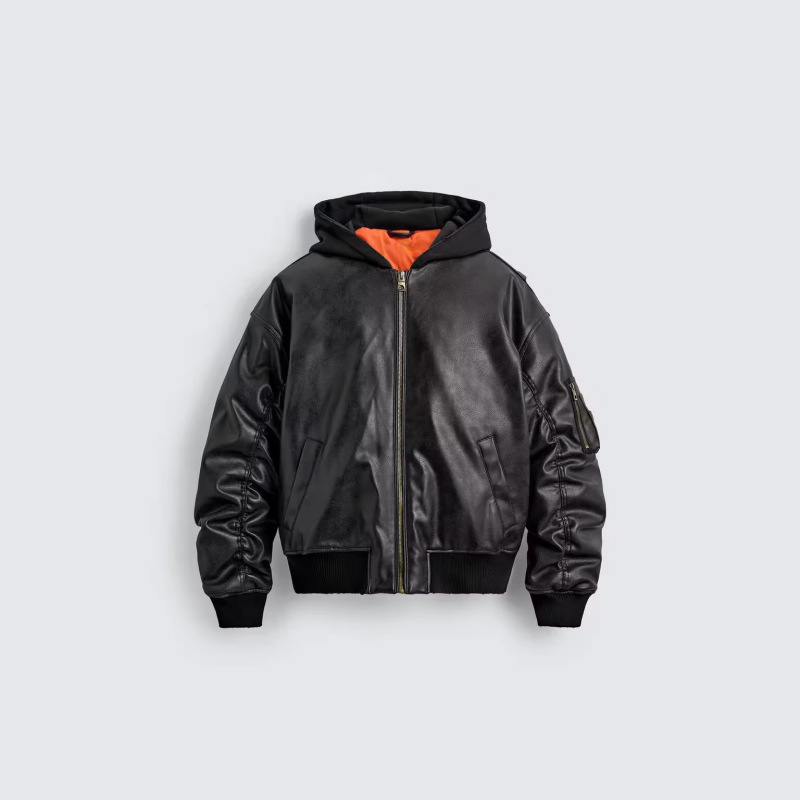 Pb&Za Cross-Border Foreign Trade New Product Hooded Leather Motorcycle Style Pilot Jacket with Leather Effect Patchwork 8491706