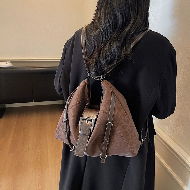 洋气感单肩斜挎托特包简约时尚秋季女式豹纹双肩包咖色中|undefined