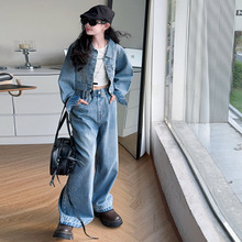 外贸女童牛仔衣外套韩范春秋款套装中大儿童潮酷洋气阔腿裤两件套