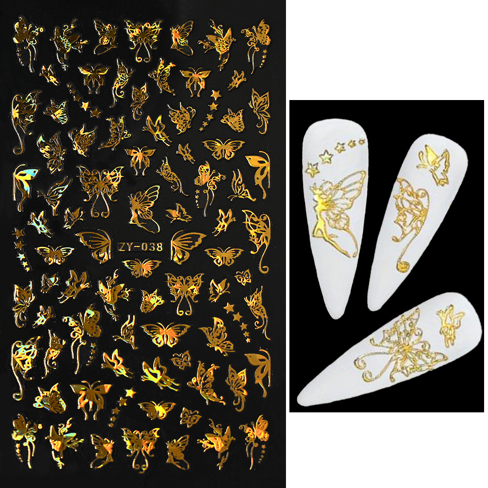 Venta caliente transfronteriza de uñas pegatinas de mariposa delgada dorada láser oro y plata mariposa adhesivo autoadhesivo decoración de uñas calcomanías