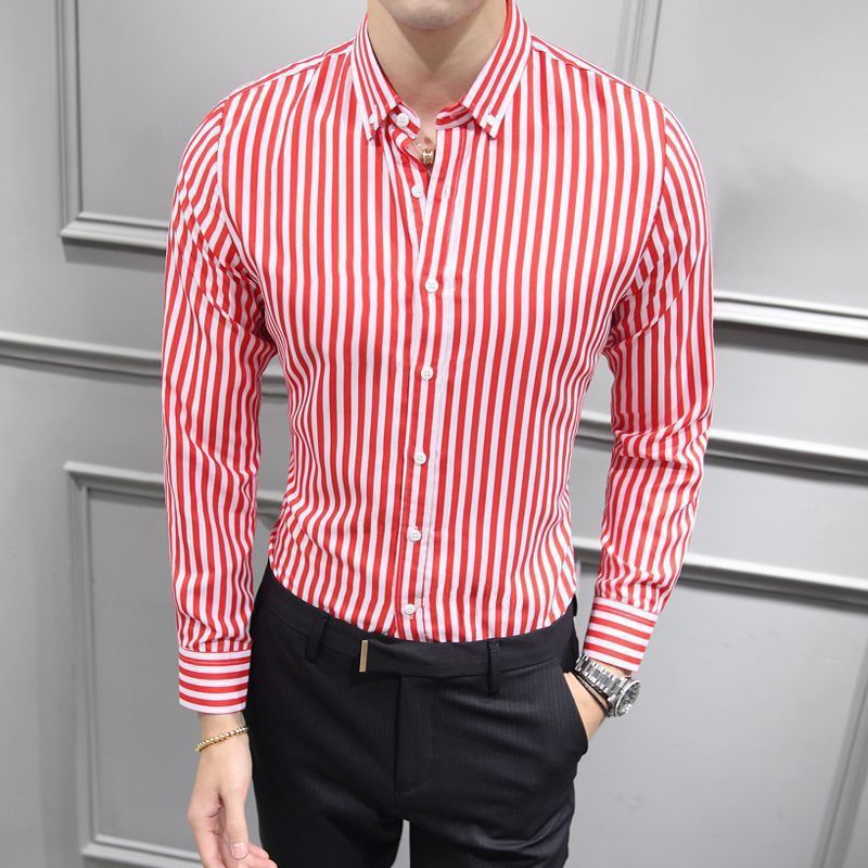 Camisas de manga larga para hombres Ropa de moda coreana para hombres guapos Tops de otoño para hombres de marca de moda Camisa larga a rayas casual