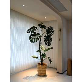 巨叶老桩龟背竹绿植轻奢客厅室内仿生假花树大型落地盆栽