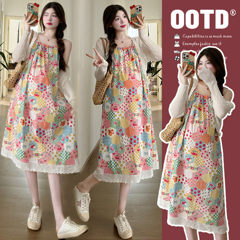 2024 new spring clothes for pregnant women cute sweet design printed sling dress cardigan Western style two-piece set
