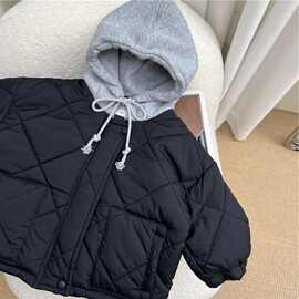 黁白童装2025冬装儿童假两件连帽棉服男女童中长款棉衣韩版加厚外