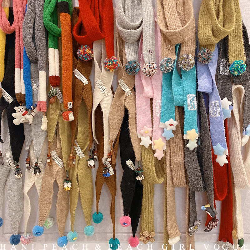 HD11199秋冬复古斜角巾长条针织毛线围巾百搭细窄羊毛保暖围脖女