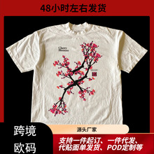 复古原宿经典桃花印花休闲街短袖圆领t恤Y2k大卡哇伊t恤女哥特