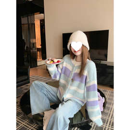 糖糖~韩系彩色条纹短款针织开衫女秋冬宽松毛衣外套上衣冬