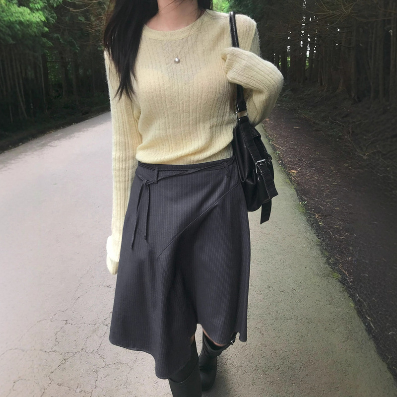 2025早秋新品韩版百搭质感飘逸垂坠感不规则条纹系带半身裙女裙子|undefined