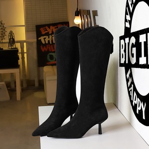 1895-8 women's slim heeled high-heeled pointed V-neck skinny boots fashion long boots below knee high knight boots