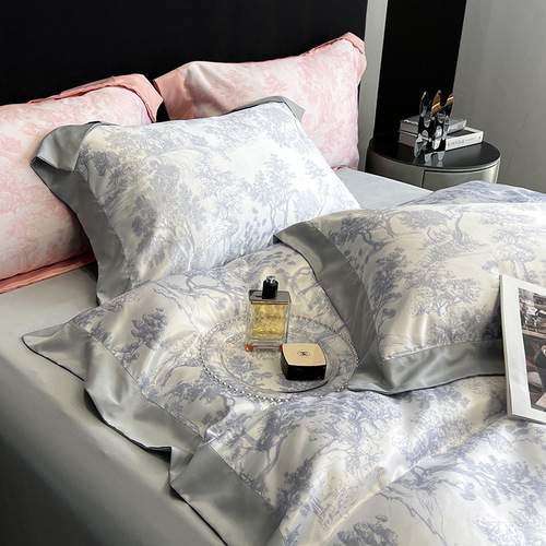 Nordic style simple summer ice silk four-piece set washed Tencel quilt cover European style naked sleeping four seasons bed sheets and fitted sheets