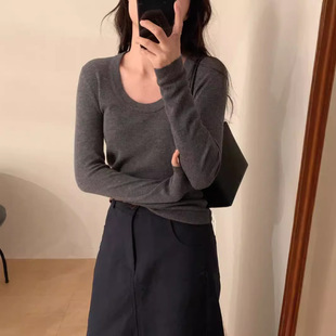 Angora Red Wool Round Neck Basic Bottoming Shirt for Women U-Neck Pullover Elegant Slimming Look Pure Color Wool Knitwear