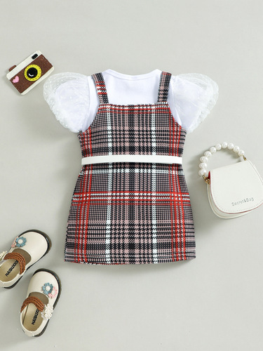 Baoxin Foreign Trade Baby and Child Suit Baby Girl Summer Puff Sleeve Plaid Suspender Skirt Belt Children's Suit