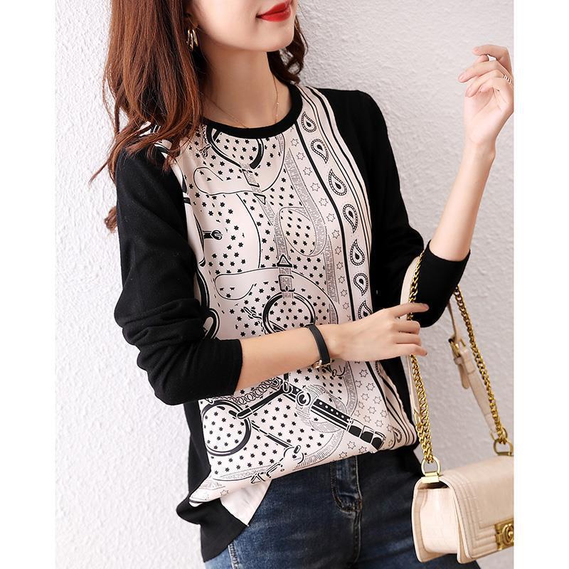 Spring 2021 New Loose Round Neck Printed Mid-length Pullover Satin Knitted Stitching Wool Jacket for Women