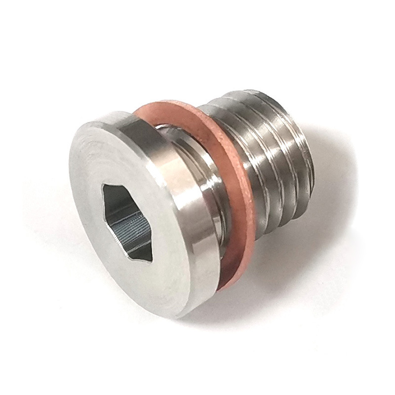 Tapón hexagonal de acero inoxidable M12 para autopartes con arandela de cobre rojo, tapón de rosca externa, venta caliente transfronteriza