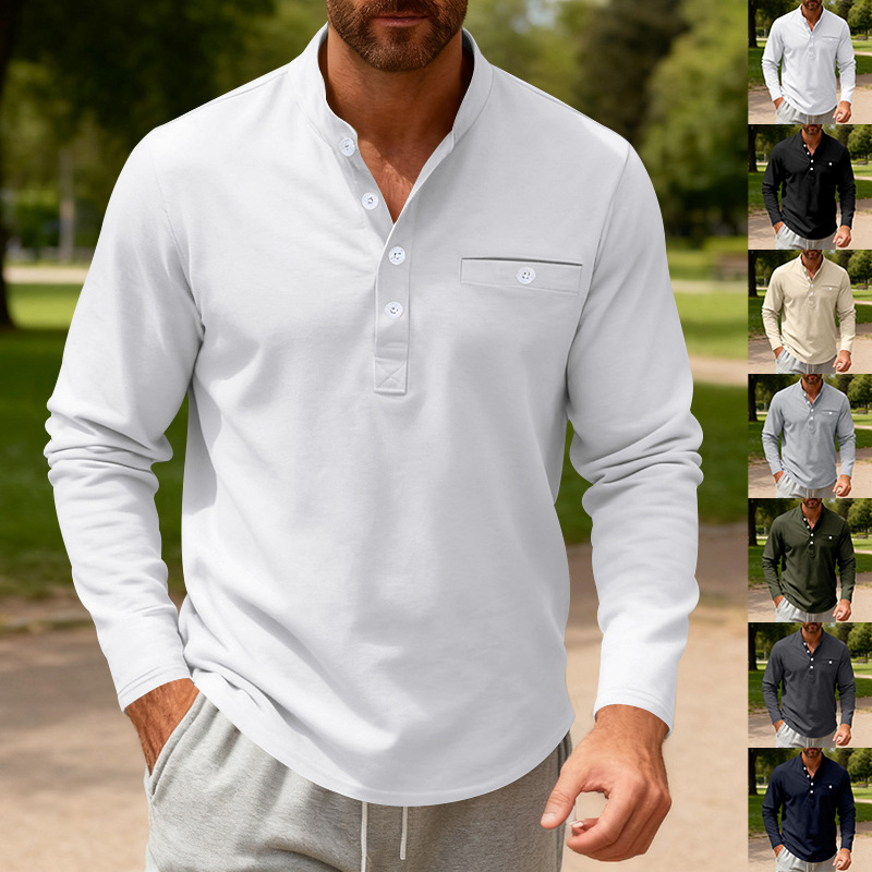 亚马逊欧美男打底衫内搭秋冬宽松休闲重磅斜纹立领亨利衫长袖t恤