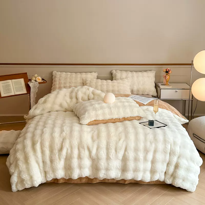 a类母婴级大泡泡兔绒加厚牛奶绒被子三件套加厚保暖抗寒冬被temu