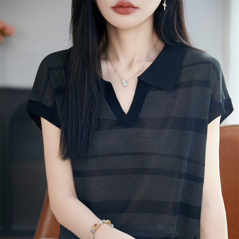 2026 Spring and Summer New Style Tencel Lyocell Lapel Knitwear Short-Sleeved Women's Color-Blocked Stripesd Loose Top T-Shirt 2026 Spring and Summer New Style Tencel Lyocell Lapel Knitwear Short-Sleeved Women's Color-Blocked Stripesd Loose Top T-Shirt