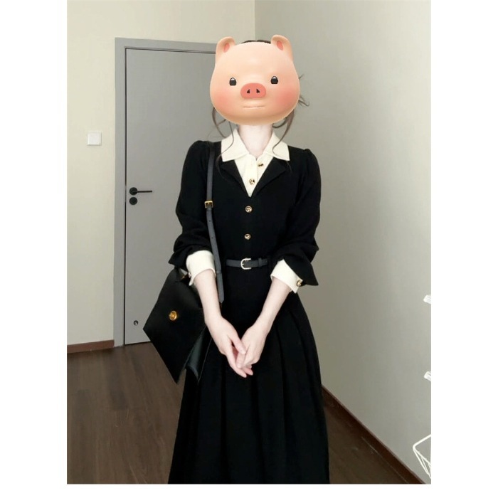 送腰带 早秋通勤风气质polo领衬衫长袖连衣裙巨好看的假两件长裙|undefined