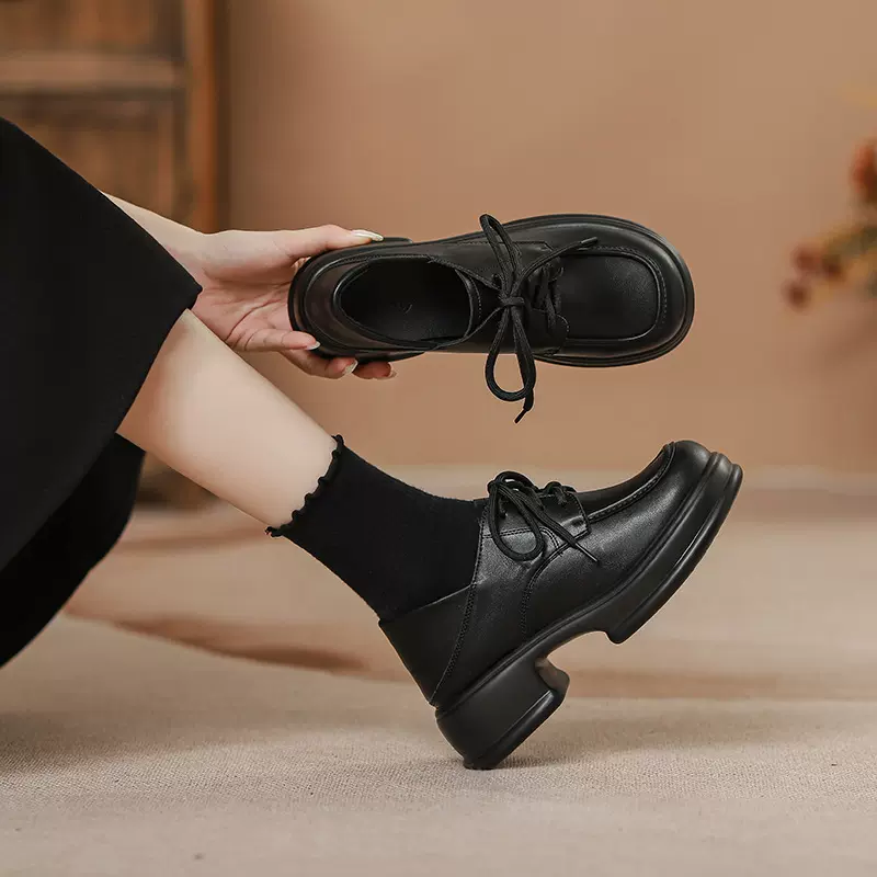 真皮复古黑色单鞋女圆头系带厚底内增高英伦加绒小码不累脚小皮鞋