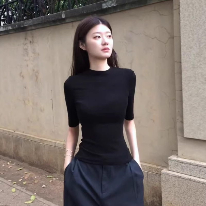 American-Style Spicy Girl Black Round-Neck Regular Shoulder Mid-Sleeve T-Shirt for Women, New Spring/Summer Slim-Fit, Simple and Versatile Top