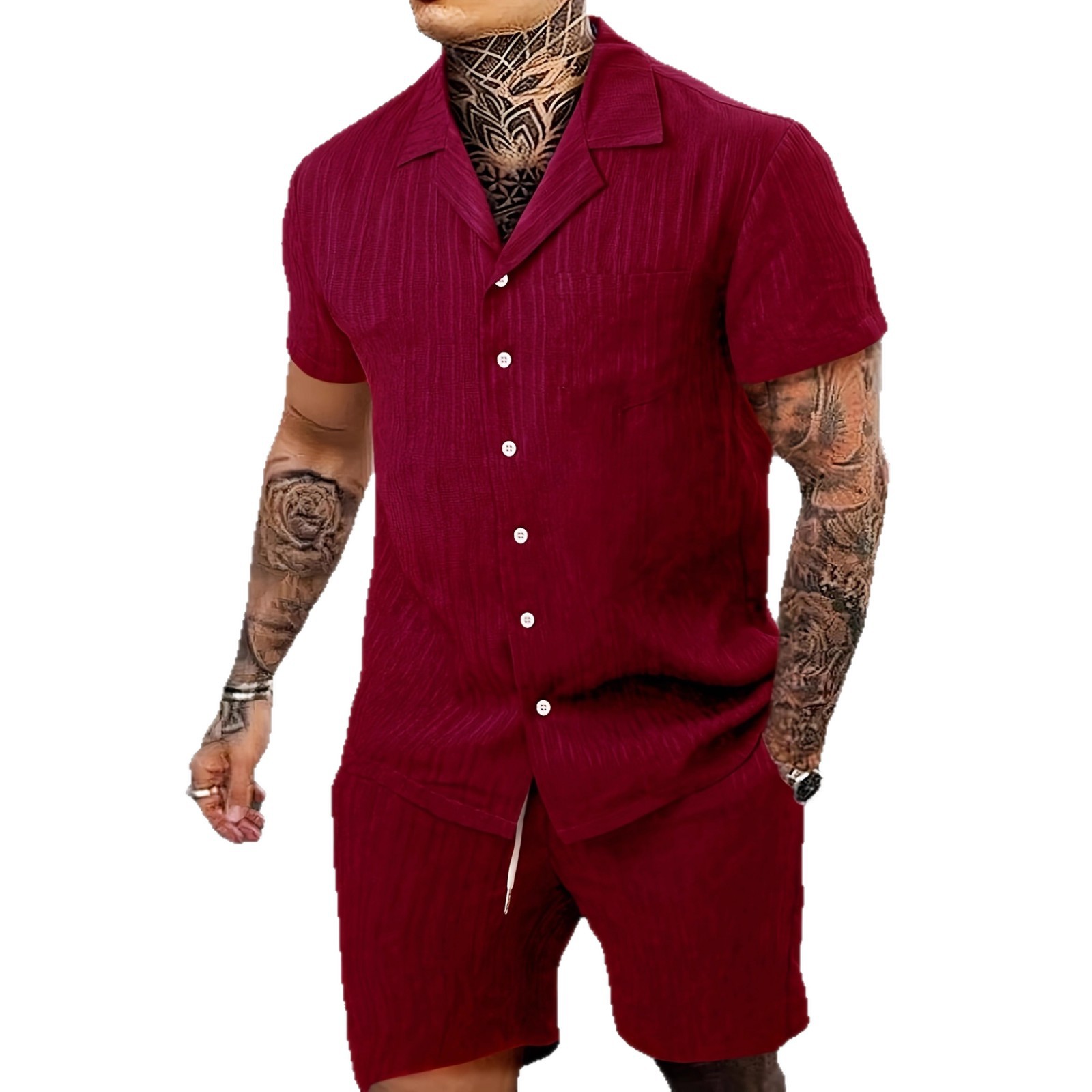 Vielseitiges Herren-Set aus Kurzarmhemd und Shorts mit Rüschentasche im lässigen amerikanischen Stil_voghion.com