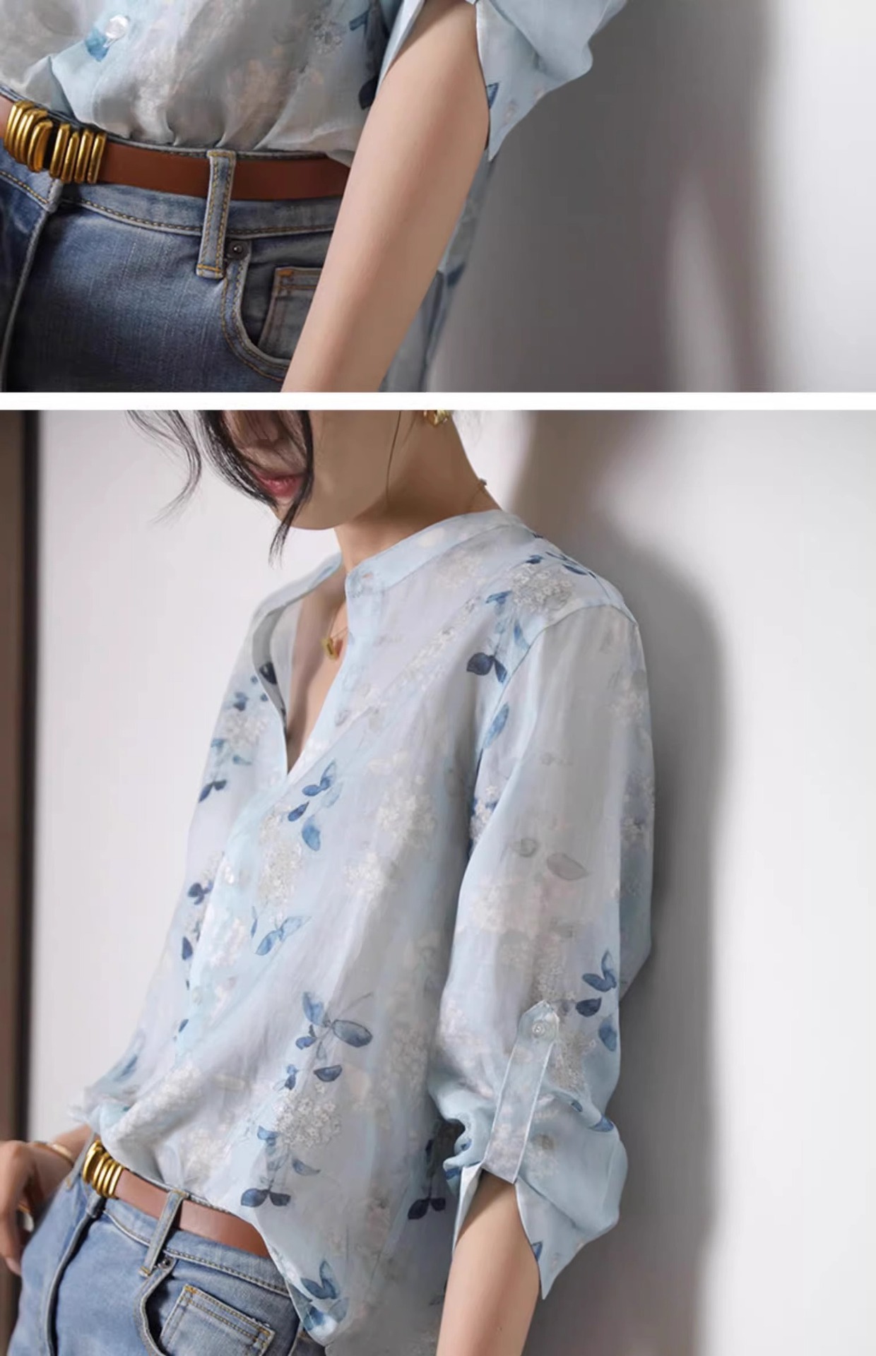 Áo sơ mi cotton in họa tiết tay lỡ nữ kiểu Chanel tôn dáng — Màu xanh da trời chi tiết 5