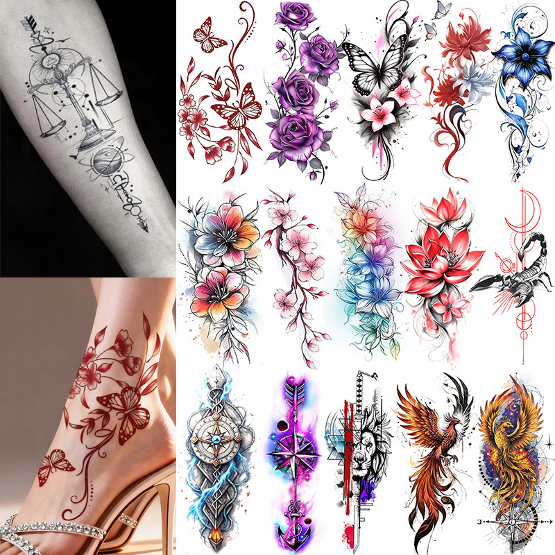 Cross-Border Peony and Rose Flower Tattoo Stickers for the Back of the Hand and Wrist, and Tattoo Stickers for the Calf and Foot. Temporary Tattoo