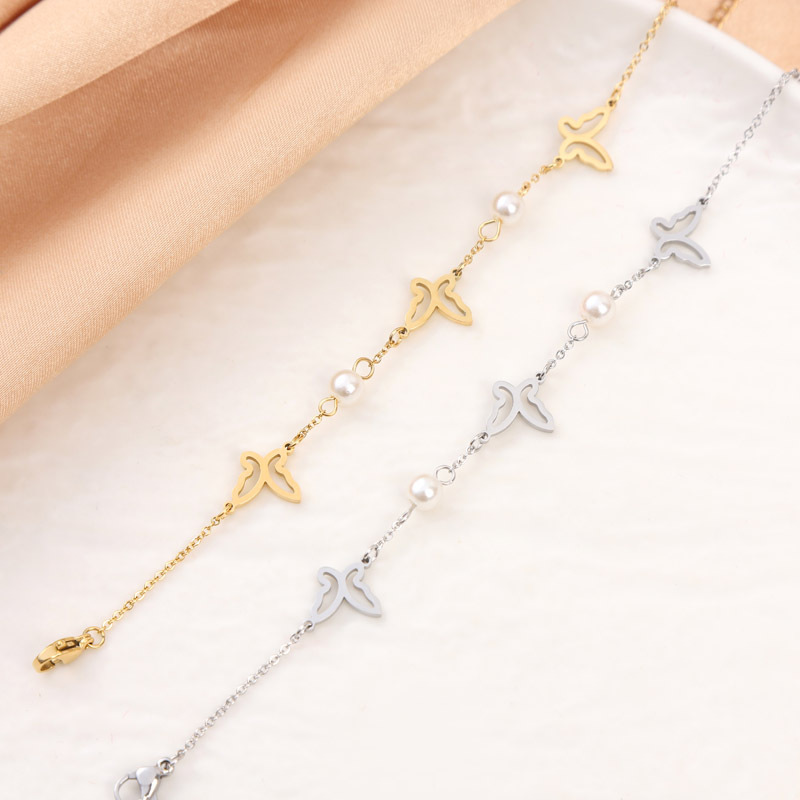 Estrellas huecas mariposas perlas de moda retro acero inoxidable chapado en oro 18k titanio pulsera de acero transfronteriza regalo de novia