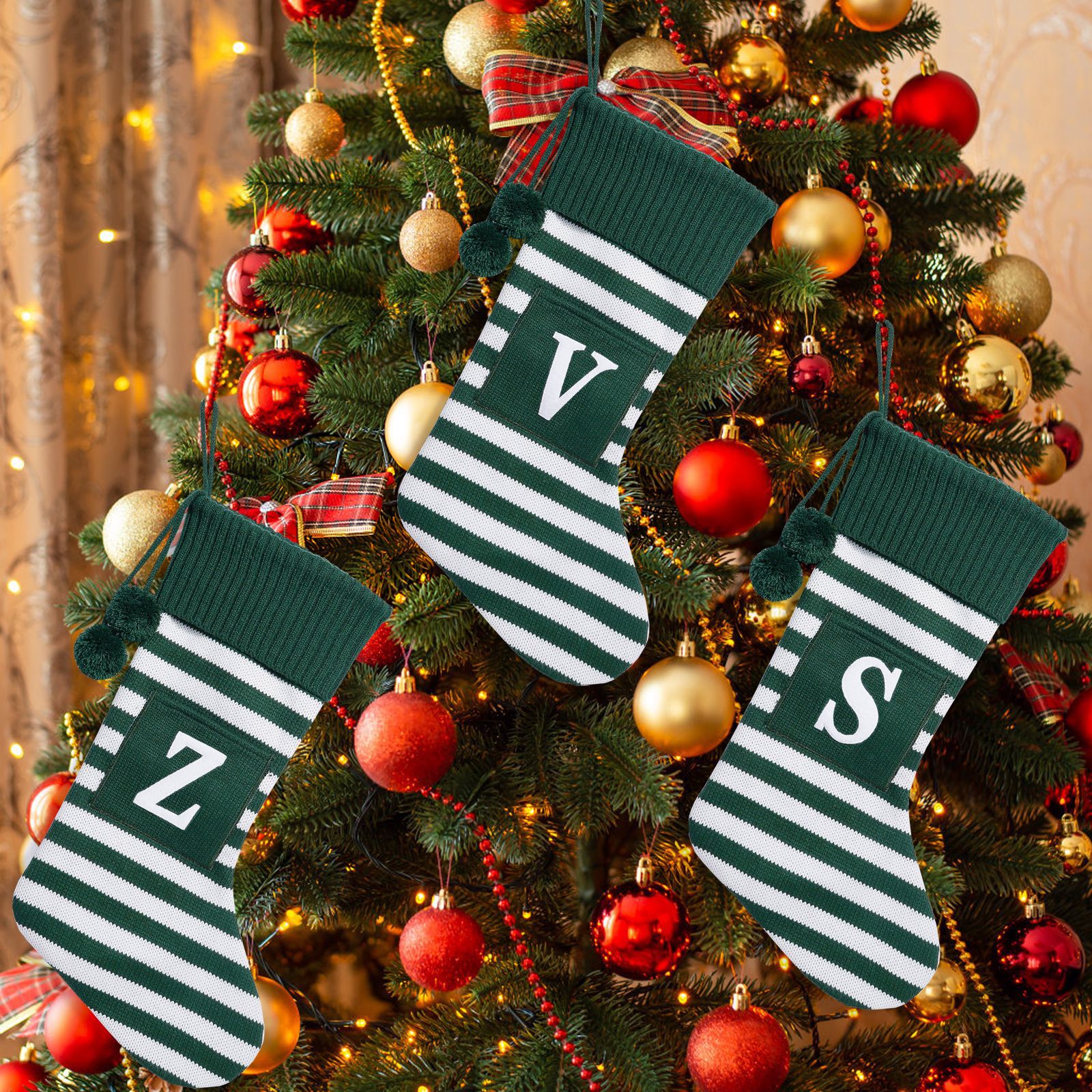 Navidad transfronteriza letras grandes calcetines de Navidad lindo rojo y verde rayas colgante de árbol de Navidad decoraciones navideñas creativas