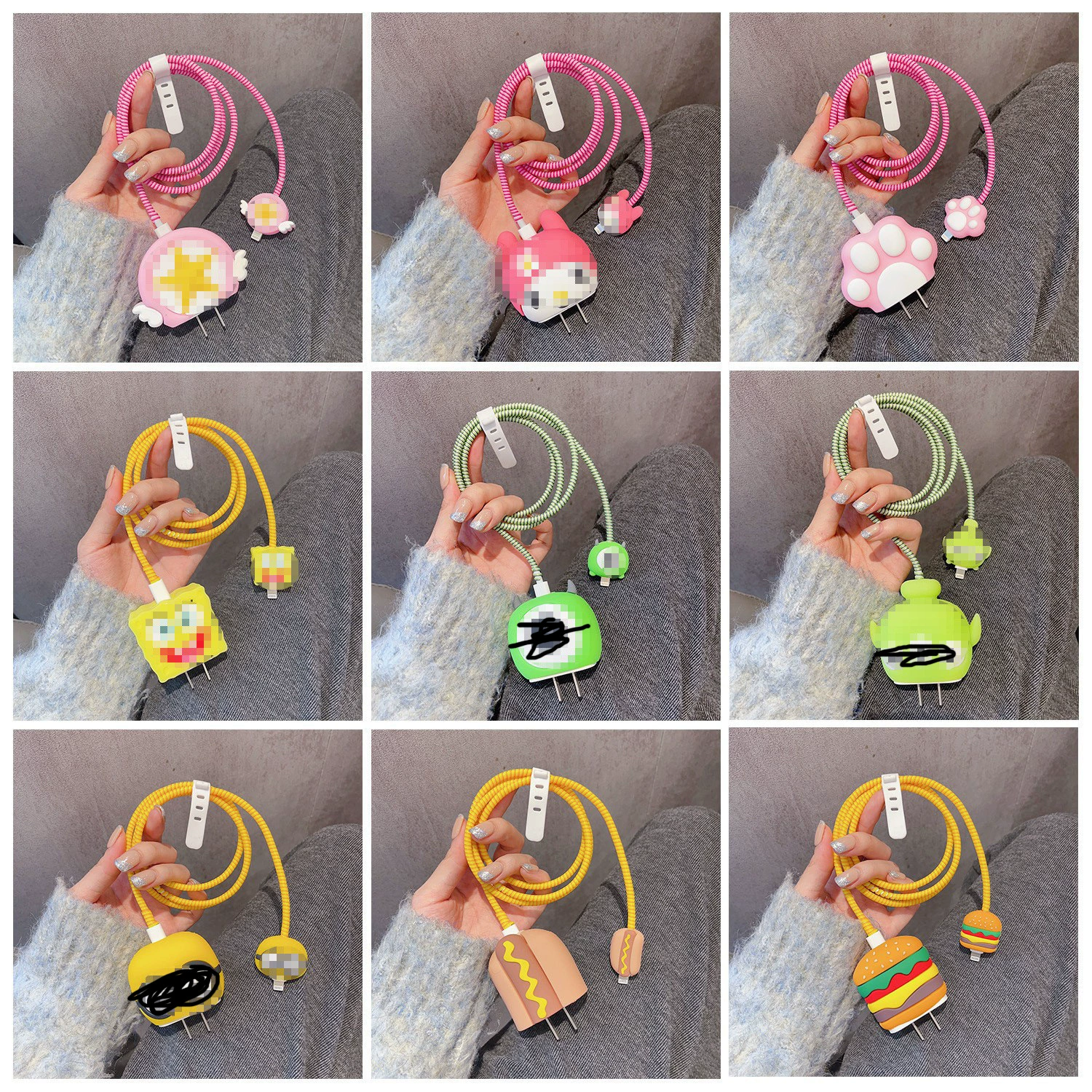 Защитный чехол для зарядного устройства, подходит для Apple 18/20 Вт, креативный мультяшный защитный чехол для кабеля передачи данных, набор из четырех предметов для намотки кабеля