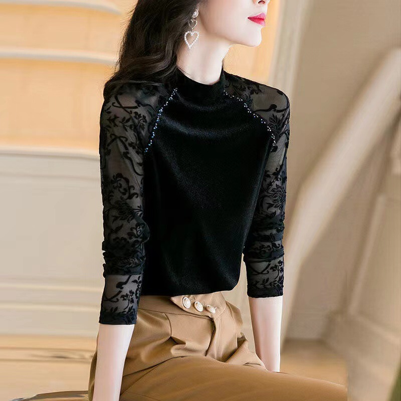 Spring New Velvet Base Shirt Fashion Versatile Slimming Top Chanel Style Patchwork Blouse Women Black Hollow-Out Spring New Velvet Base Shirt Fashion Versatile Slimming Top Chanel Style Patchwork Blouse Women Black Hollow-Out