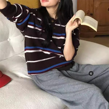韩国百搭条纹撞色针织衫女秋冬新款宽松慵懒风复古polo领套头毛衣