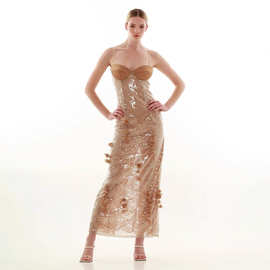 2025欧美跨境设计香槟时尚亮片吊带花朵露背露肩连衣裙优雅晚礼服