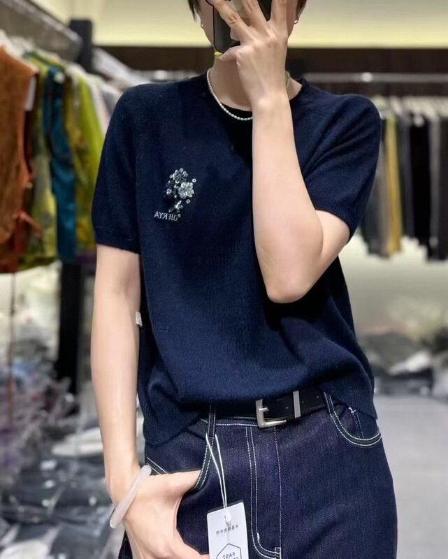 25年欧洲站早秋新款圆领花朵刺绣针织短袖羊毛针织衫色内搭|undefined