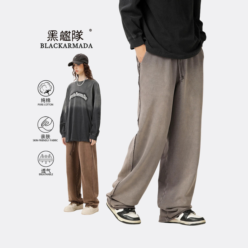American-Style Heavyweight 400g Carbon-Washed Loose Wide-Leg Straight Knit Pants Unisex Fleece-Lined Vintage Elastic Waist Casual Pants American-Style Heavyweight 400g Carbon-Washed Loose Wide-Leg Straight Knit Pants Unisex Fleece-Lined Vintage Elastic Waist Casual Pants