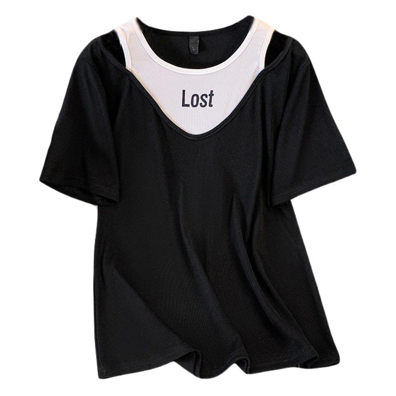 Camiseta hueca de manga corta de dos piezas para mujer de talla grande chica gordita de verano para mujer que adelgaza diseño suelto contraste color carta top image 1