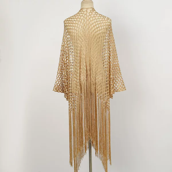 Shiny Gold and Silver Mesh Tassel Shawl, Cardigan to Wear over Evening Dresses, Long Cover-Up for Women, Photo Shoot Atmosphere Clothing